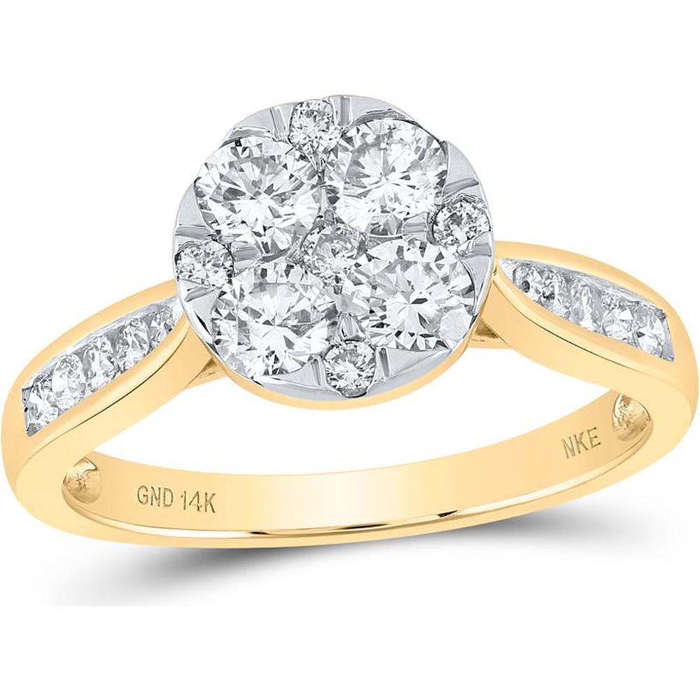 14K Yellow Gold Round Diamond Cluster Ring - 1 Carat Total Diamond Weight