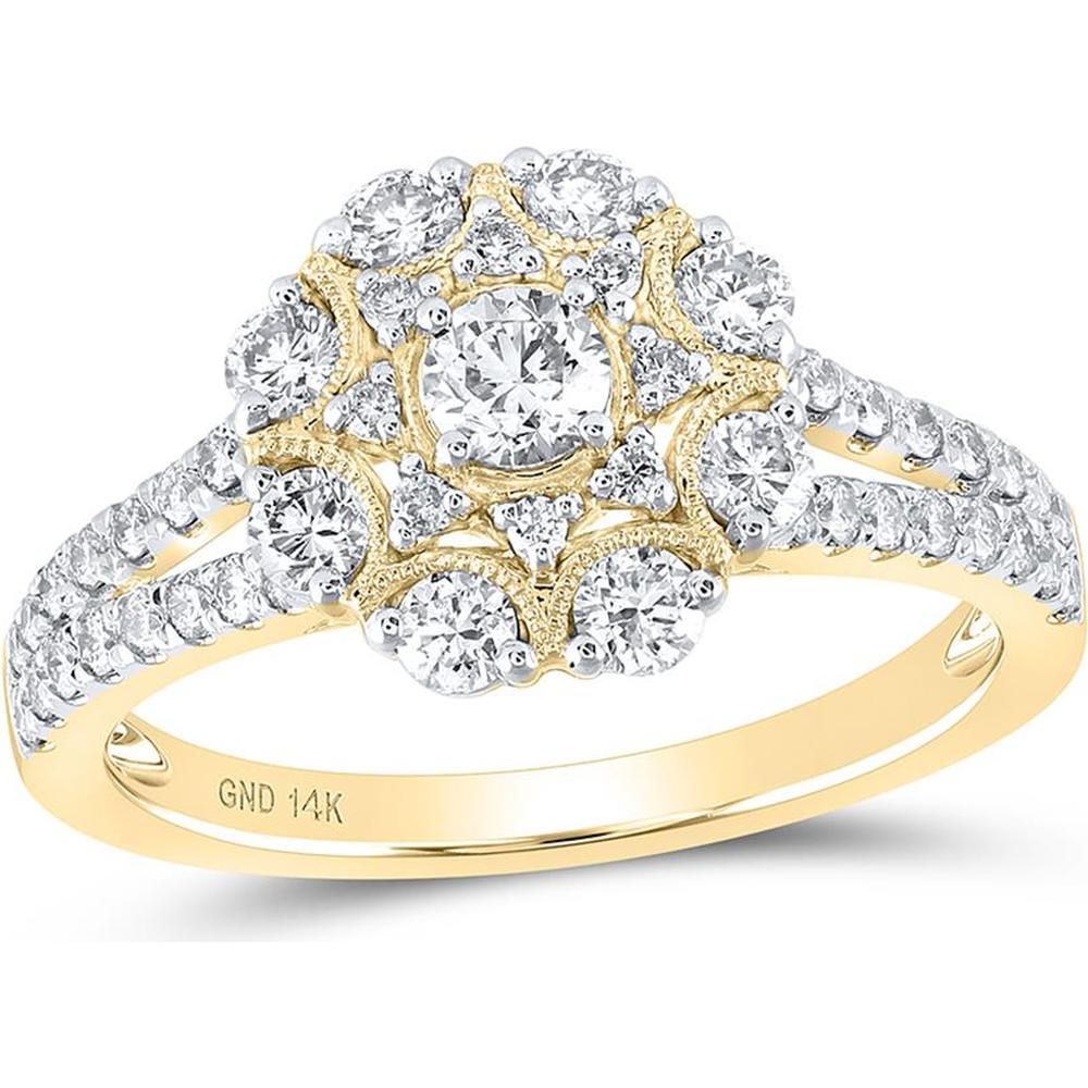 14K Yellow Gold Round Diamond Cluster Ring with 1 Carat Total Diamond Weight, Prong-Set Round Diamonds