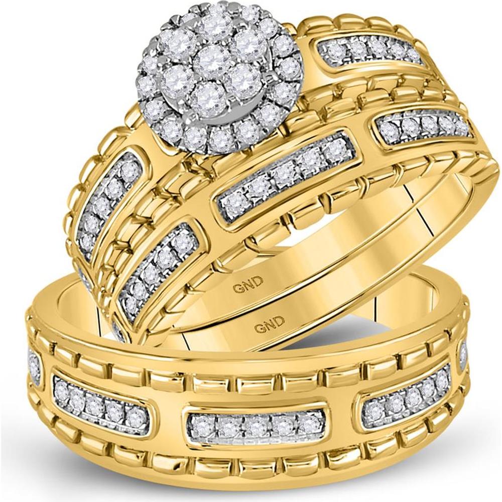 14K Yellow Gold Round Diamond Cluster Wedding Ring Set - 5/8 Carat Total Diamond Weight