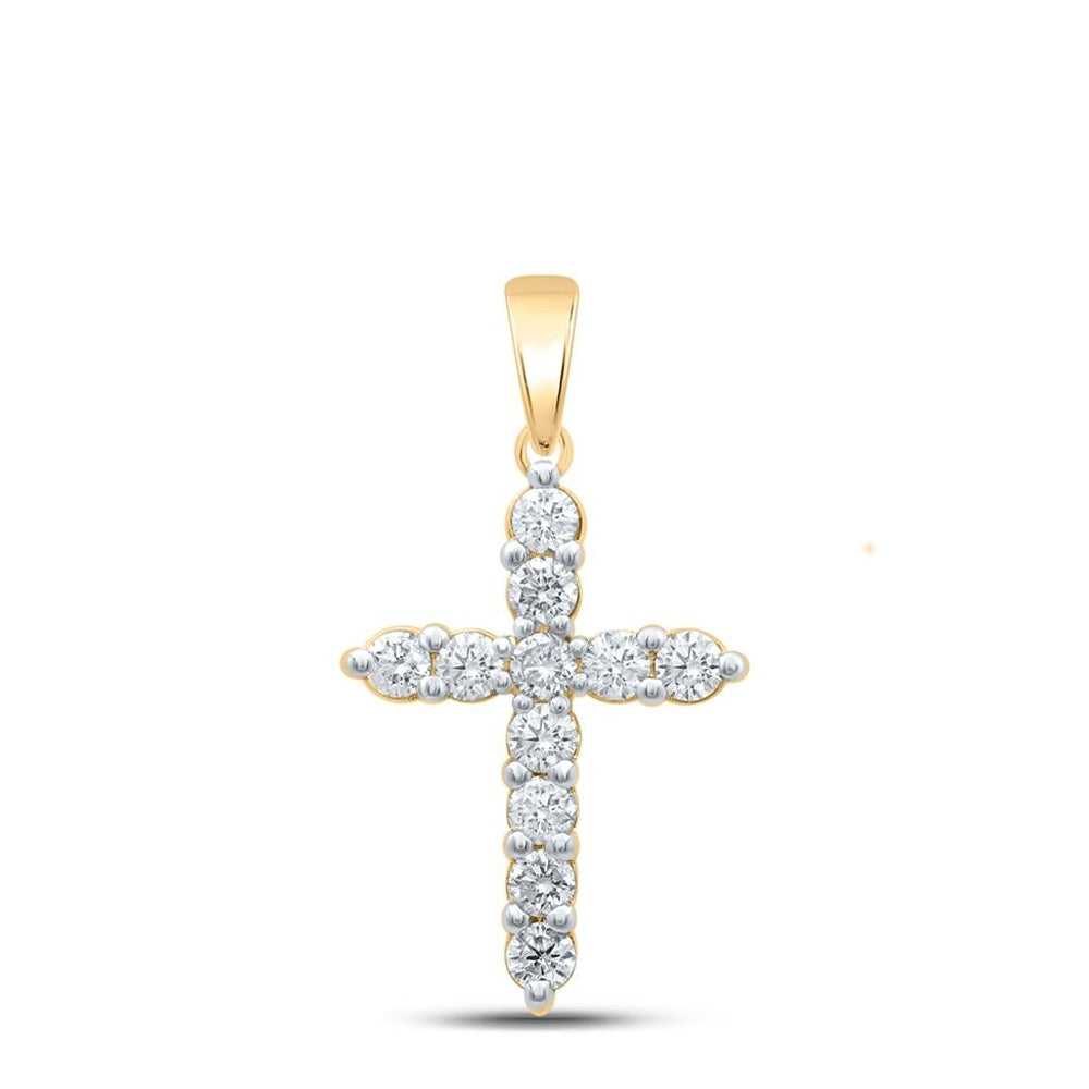 14K Yellow Gold Round Diamond Cross Pendant - 1 Carat Total Diamond Weight