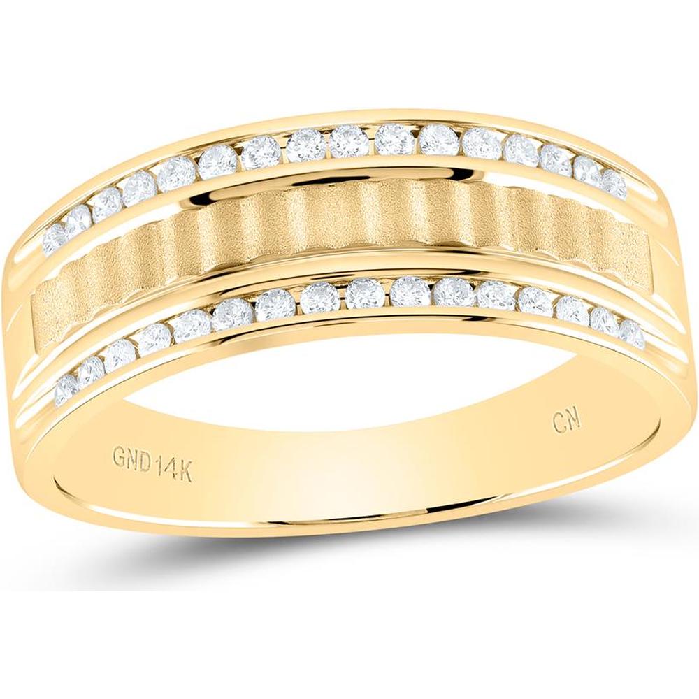 14K Yellow Gold Round Diamond Double Row Matte Textured Wedding Band Ring - 1/3 Carat Total Diamond Weight