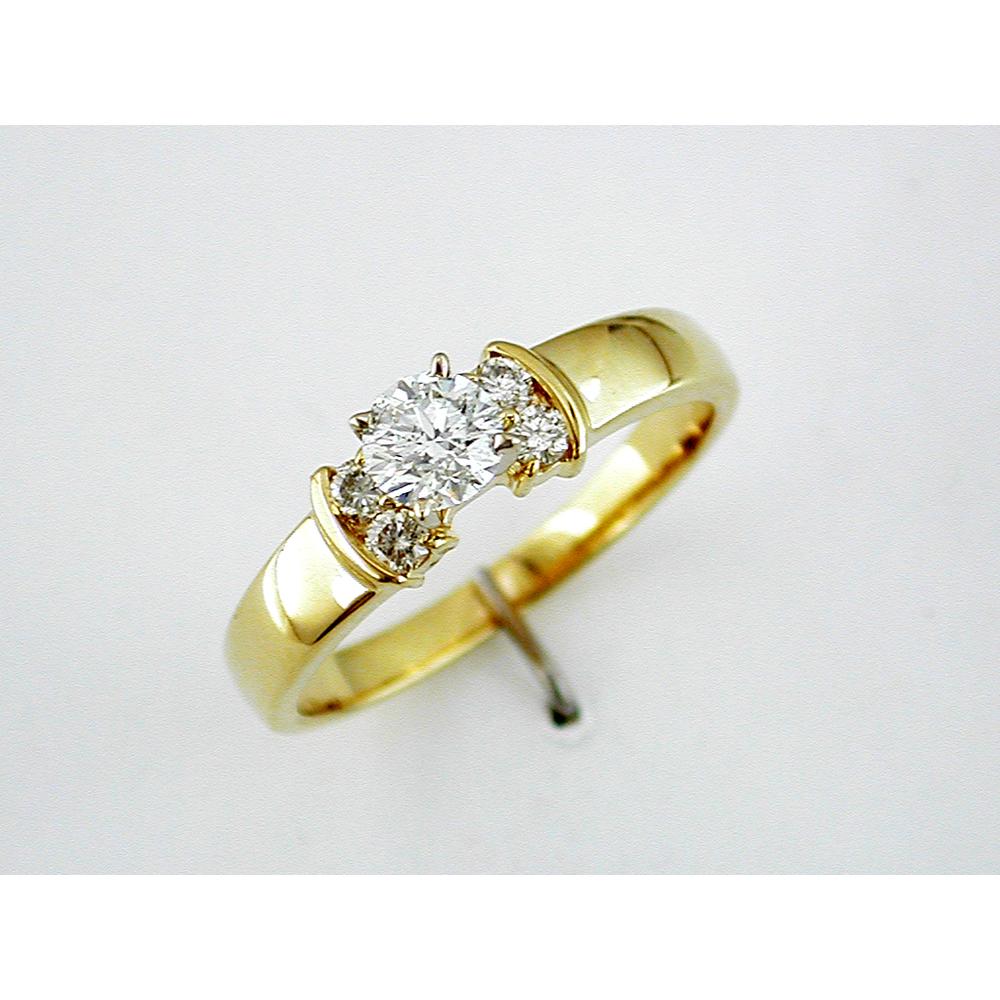 14K Yellow Gold Round Diamond Engagement Ring with 2 Side Diamonds - 0.50 Carats Total Diamond Weight