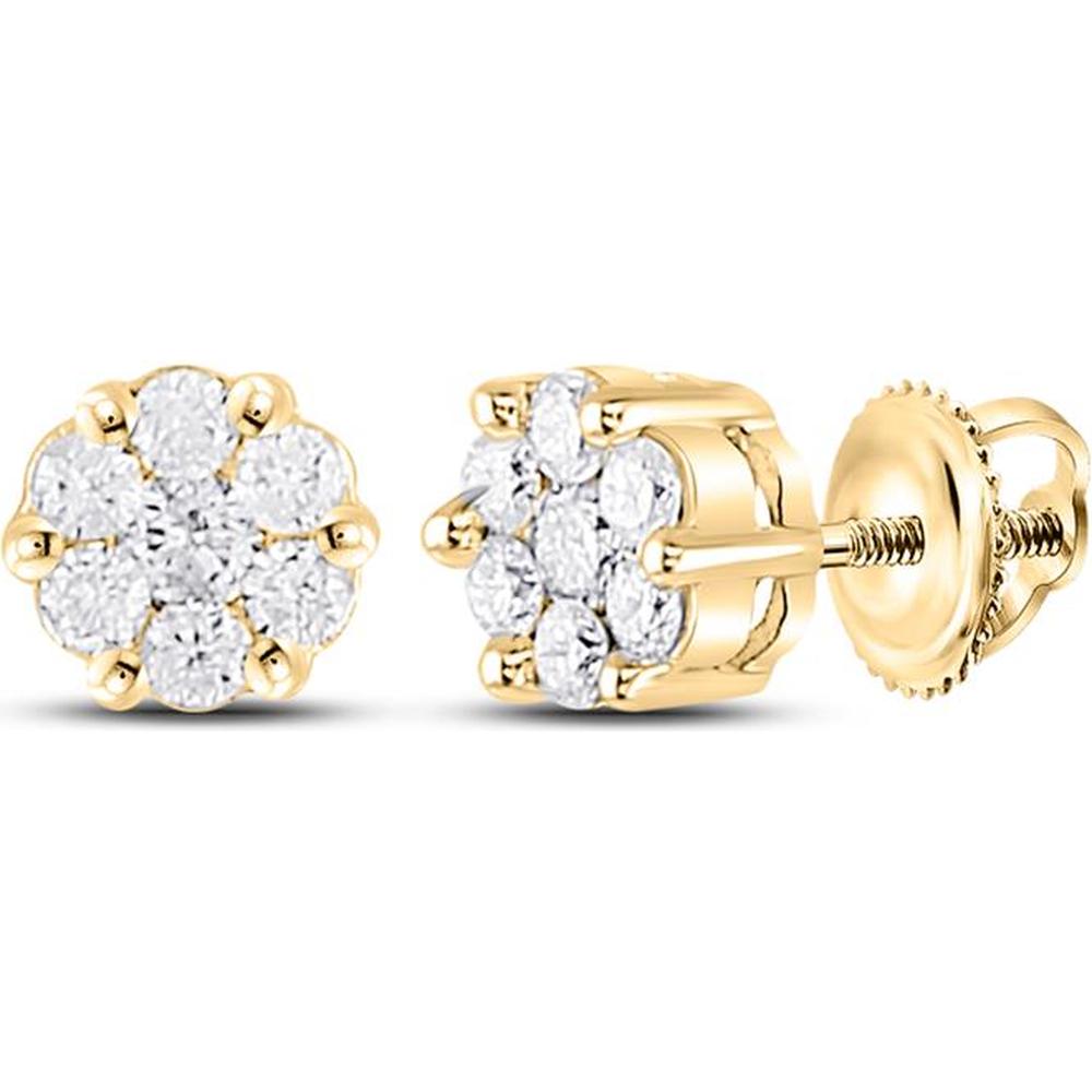 14K Yellow Gold Round Diamond Flower Cluster Earrings - 1/4 Carat Total Diamond Weight