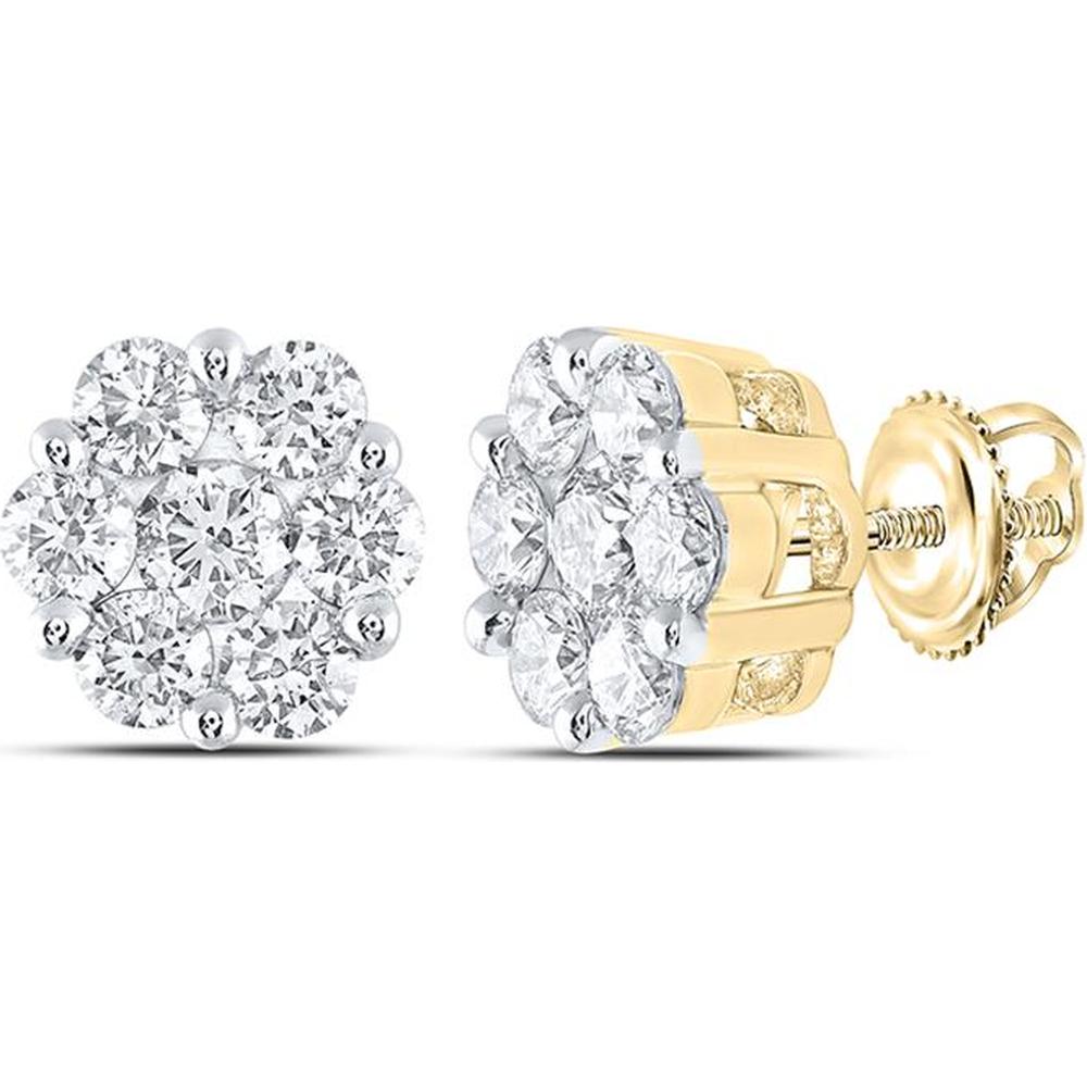 14K Yellow Gold Round Diamond Flower Cluster Earrings - 3 Carat Total Diamond Weight