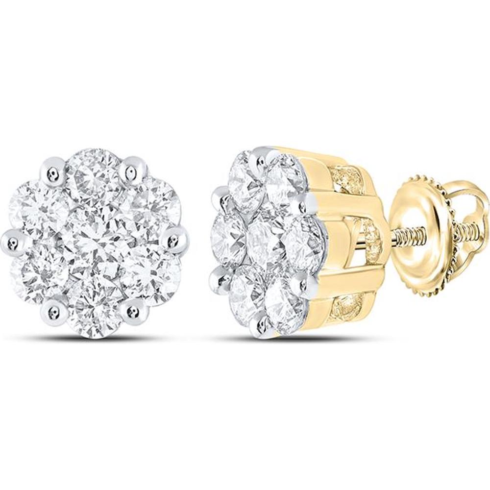 14K Yellow Gold Round Diamond Flower Cluster Earrings - 4 Carat Total Diamond Weight