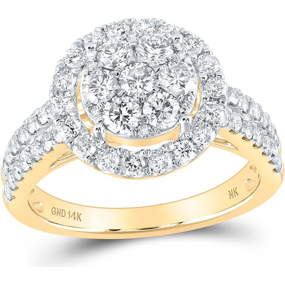 14K Yellow Gold Round Diamond Flower Cluster Halo Ring with Double Row Diamond Band - 1.56 Carat Total Diamond Weight