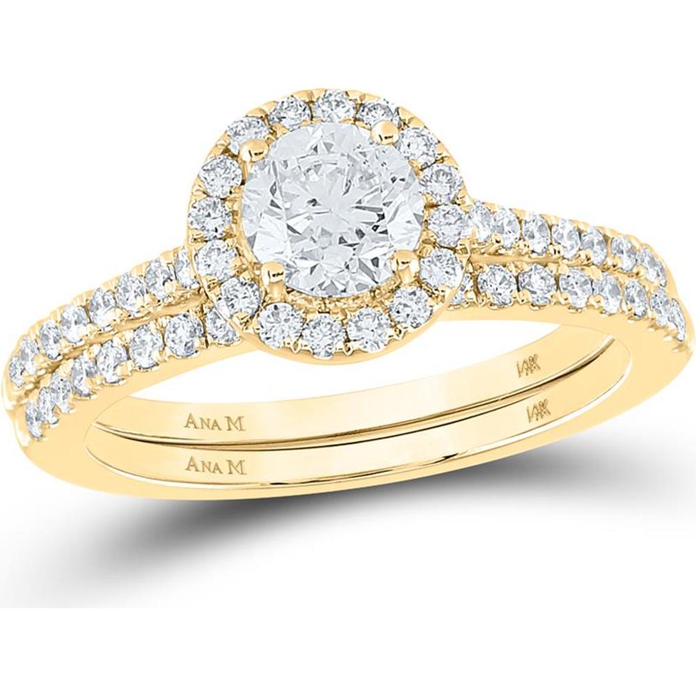 14K Yellow Gold Round Diamond Halo Bridal Wedding Ring Set - 1.00 Carat Total Diamond Weight