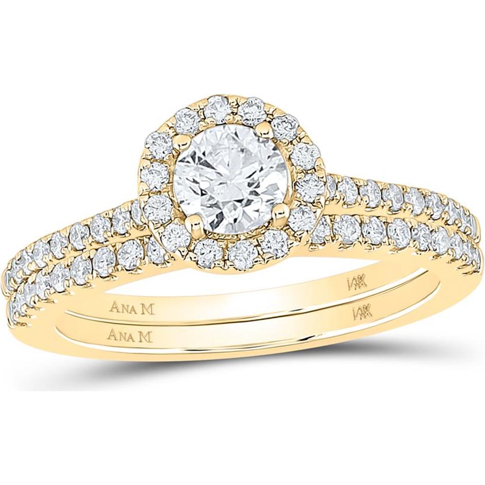 14K Yellow Gold Round Diamond Halo Bridal Wedding Ring Set - 1.01 Carat Total Diamond Weight
