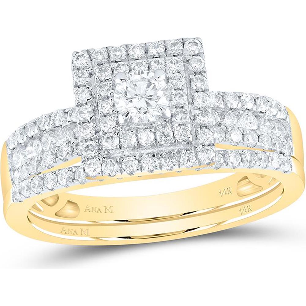 14K Yellow Gold Round Diamond Halo Bridal Wedding Ring Set - 7/8 Carat Total Diamond Weight