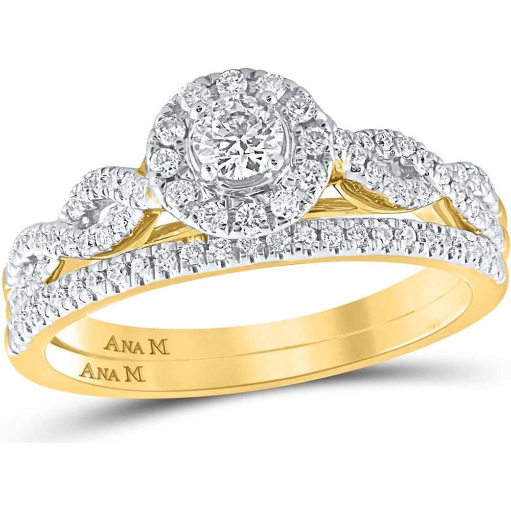 14K Yellow Gold Round Diamond Halo Bridal Wedding Ring Set with 1/2 Carat Total Diamond Weight