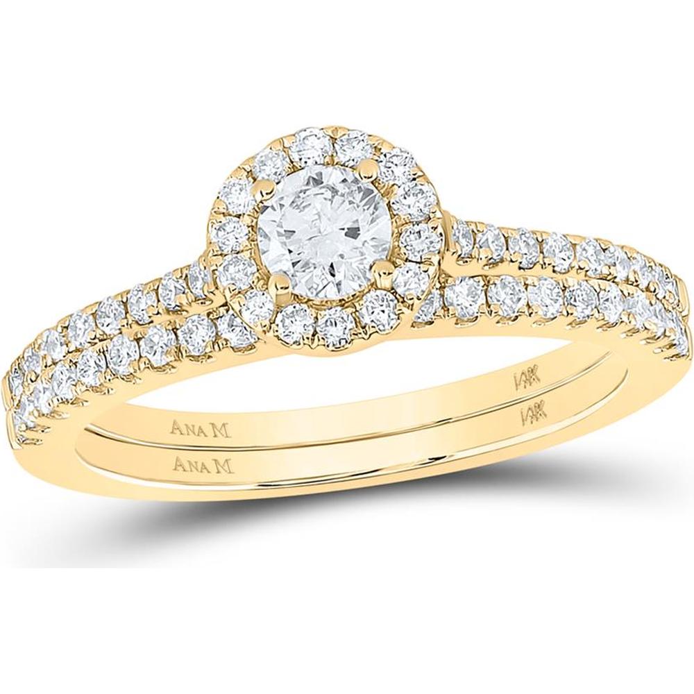 14K Yellow Gold Round Diamond Halo Bridal Wedding Ring Set with 7/8 Carat Total Weight - Certified