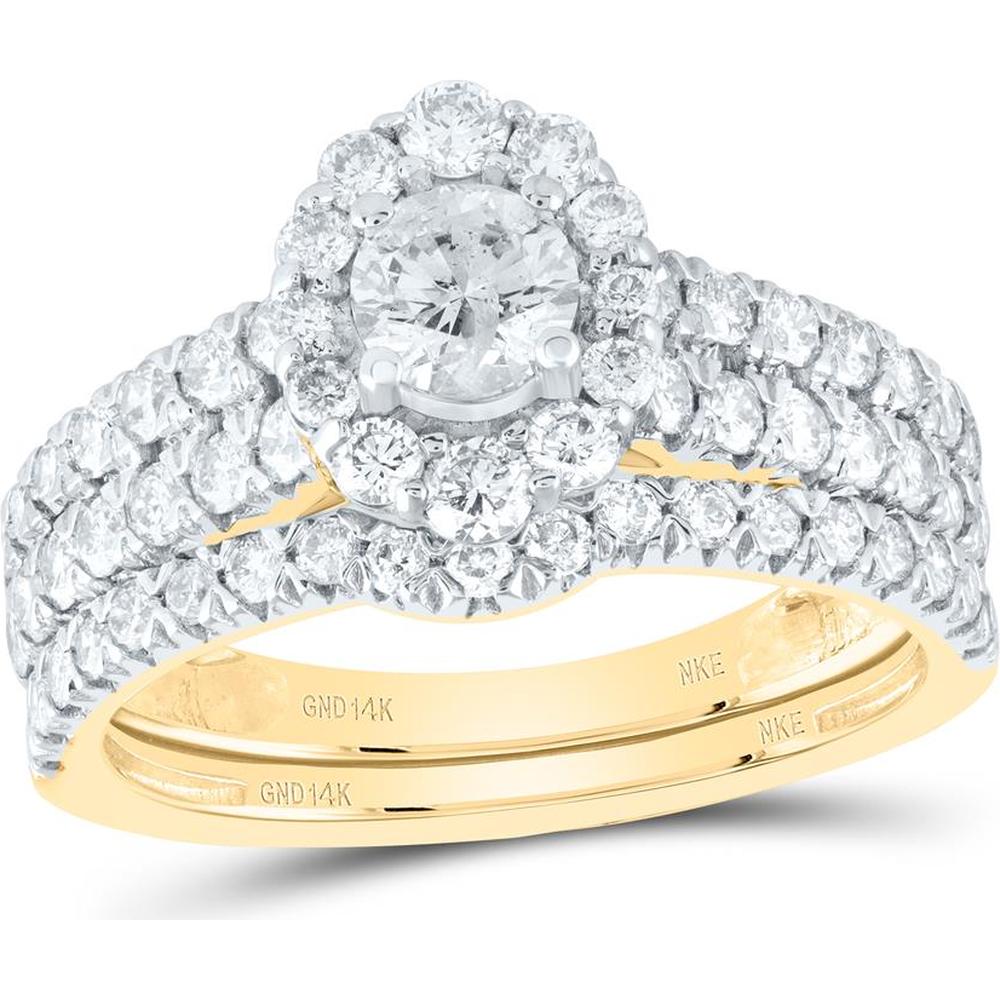 14K Yellow Gold Round Diamond Halo Bridal Wedding Ring Set with Natural Blue Sapphire - 1.5 Carat Total Diamond Weight