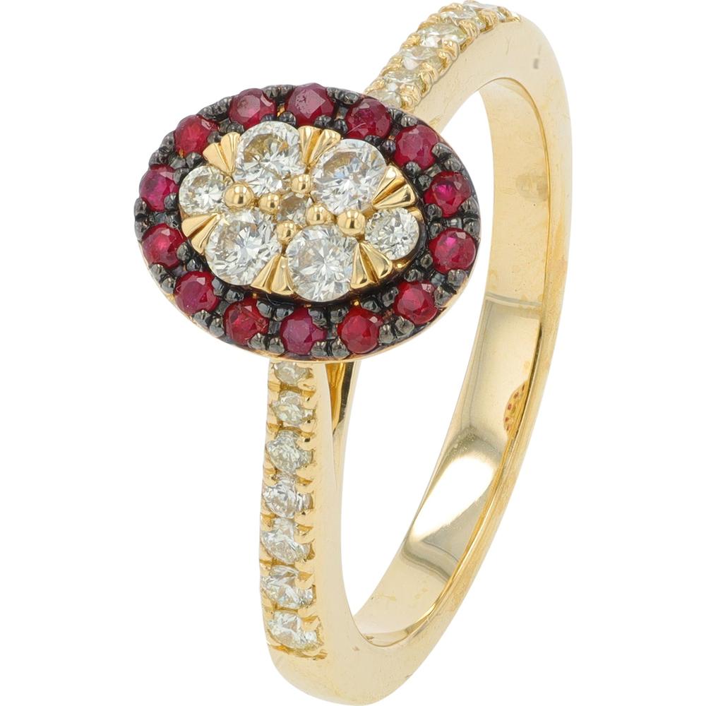 14K Yellow Gold Round Diamond Halo Ring with Ruby Accents - 0.40 Carat Diamonds, 0.15 - 0.20 Carat Rubies