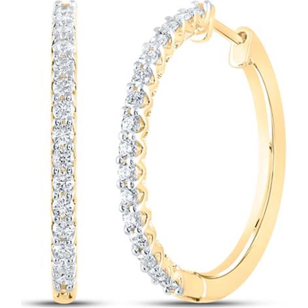 14K Yellow Gold Round Diamond Hoop Earrings - 7/8 Carat Total Diamond Weight