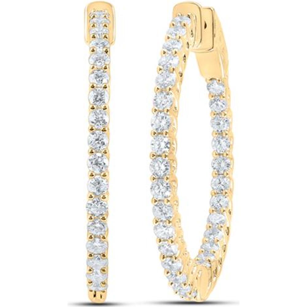 14K Yellow Gold Round Diamond Inside-Outside Hoop Earrings - 3 Carat Total Diamond Weight