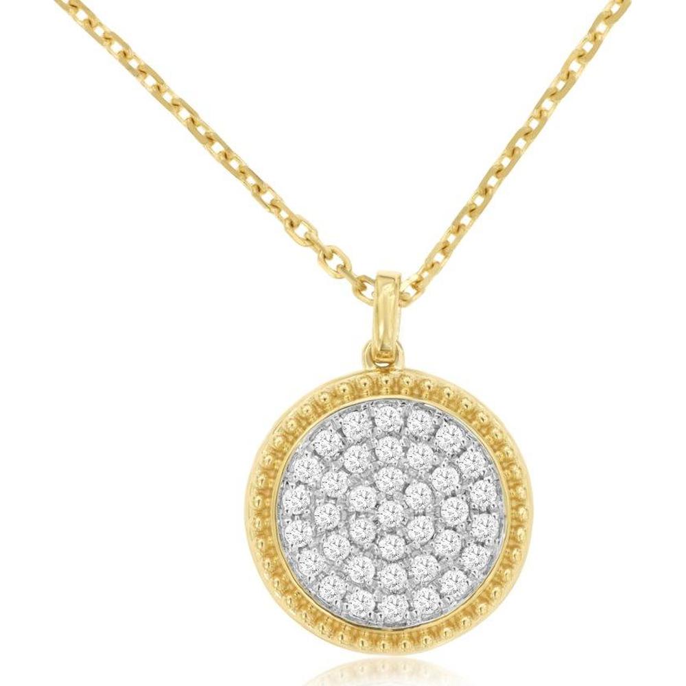 14K Yellow Gold Round Diamond Pendant Necklace with Milgrain-Style Border - 0.30 Carat Total Diamond Weight - Royal Jewelry