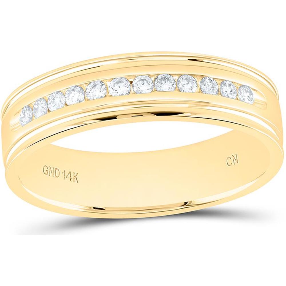14K Yellow Gold Round Diamond Ridged Edge Wedding Band - 1/4 Carat Total Diamond Weight