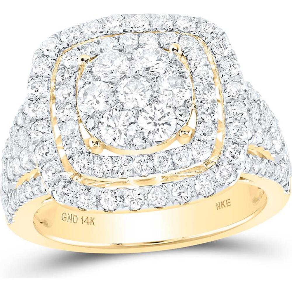 14K Yellow Gold Round Diamond Square Cluster Ring - 2.11 Carat Total Diamond Weight