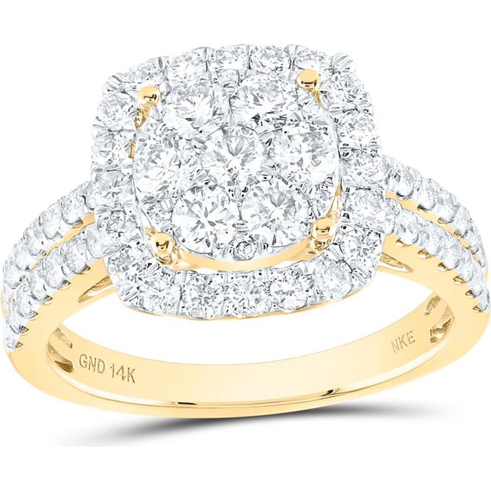 14K Yellow Gold Round Diamond Square Cluster Ring with Prong-Set Diamonds - 1.56 Carat Total Diamond Weight