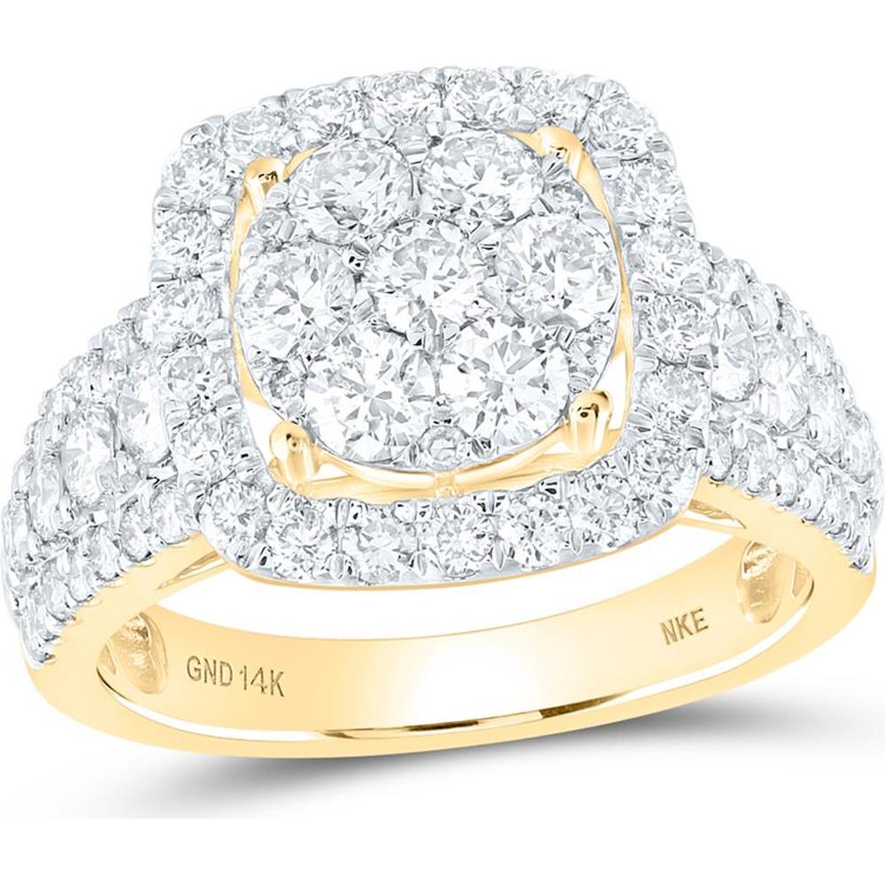 14K Yellow Gold Round Diamond Square Frame Cluster Ring - 2.07 Carat Total Diamond Weight