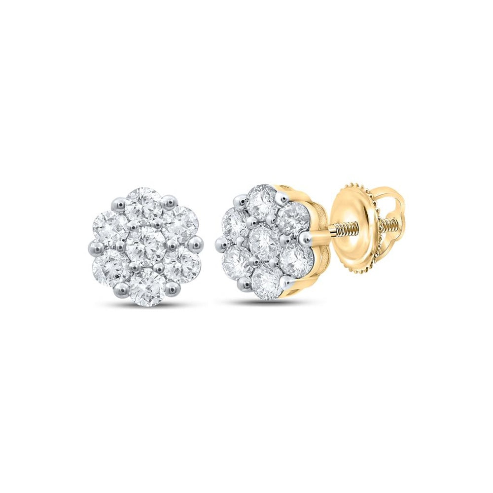 14K Yellow Gold Round Diamond Stud Earrings - 1 Carat Total Diamond Weight