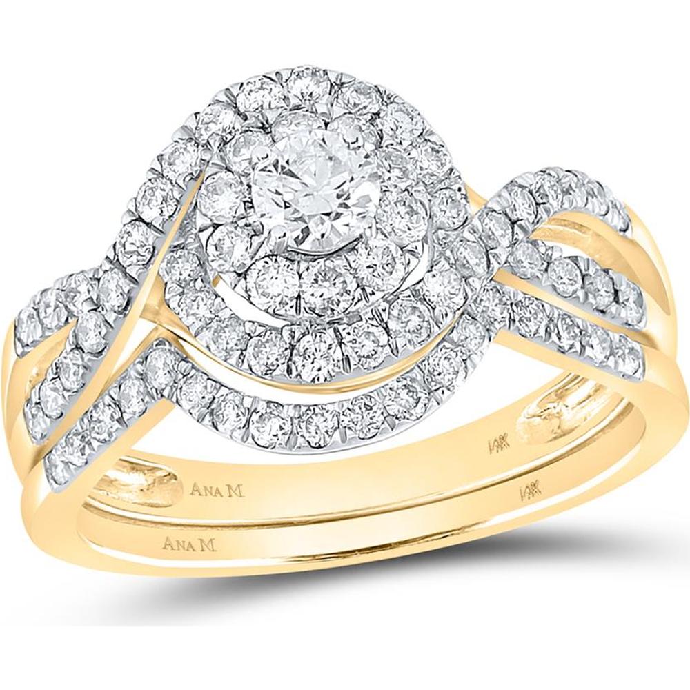 14K Yellow Gold Round Diamond Swirl Bridal Wedding Ring Set - 1 Carat Total Diamond Weight