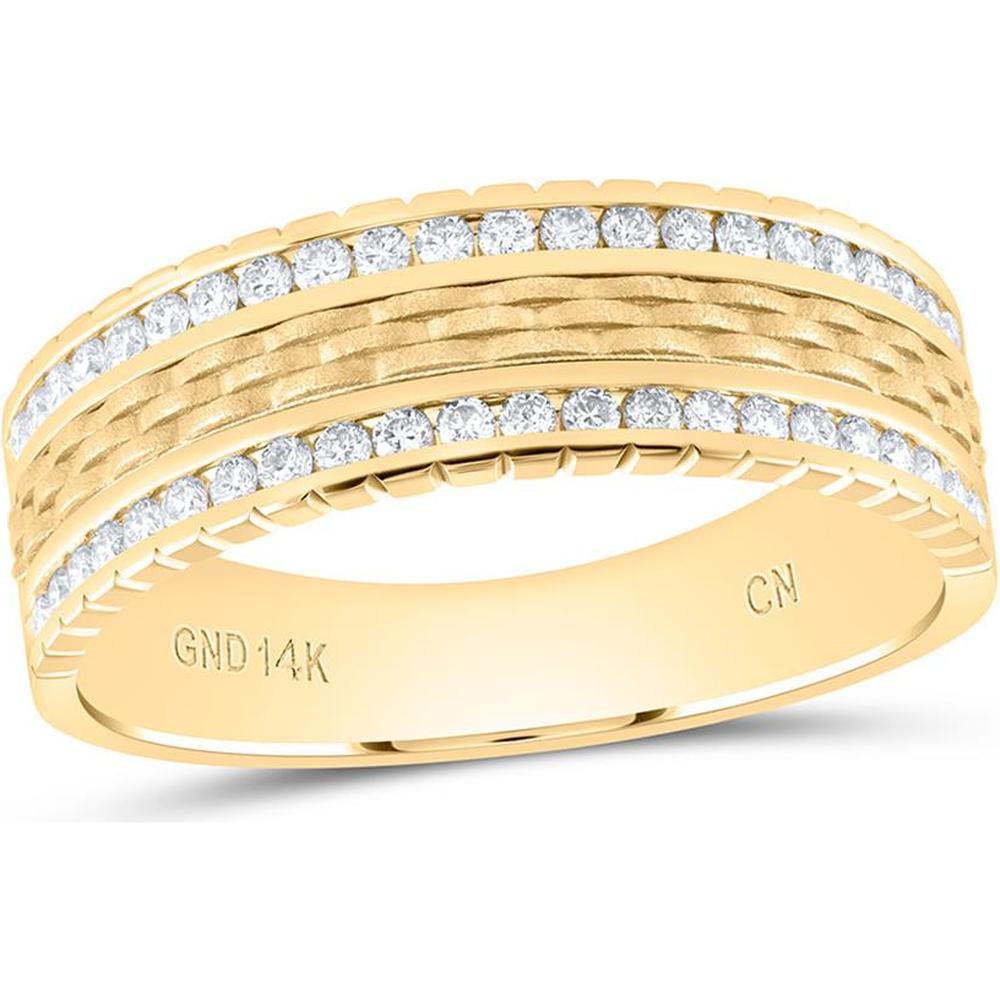 14K Yellow Gold Round Diamond Wedding Band with Hammered Texture - 1/2 Carat Total Diamond Weight