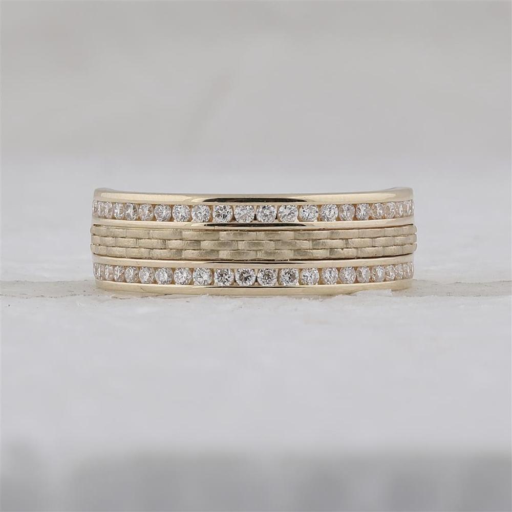 14K Yellow Gold Round Diamond Wedding Band with Hammered Texture - 1/2 Carat Total Diamond Weight