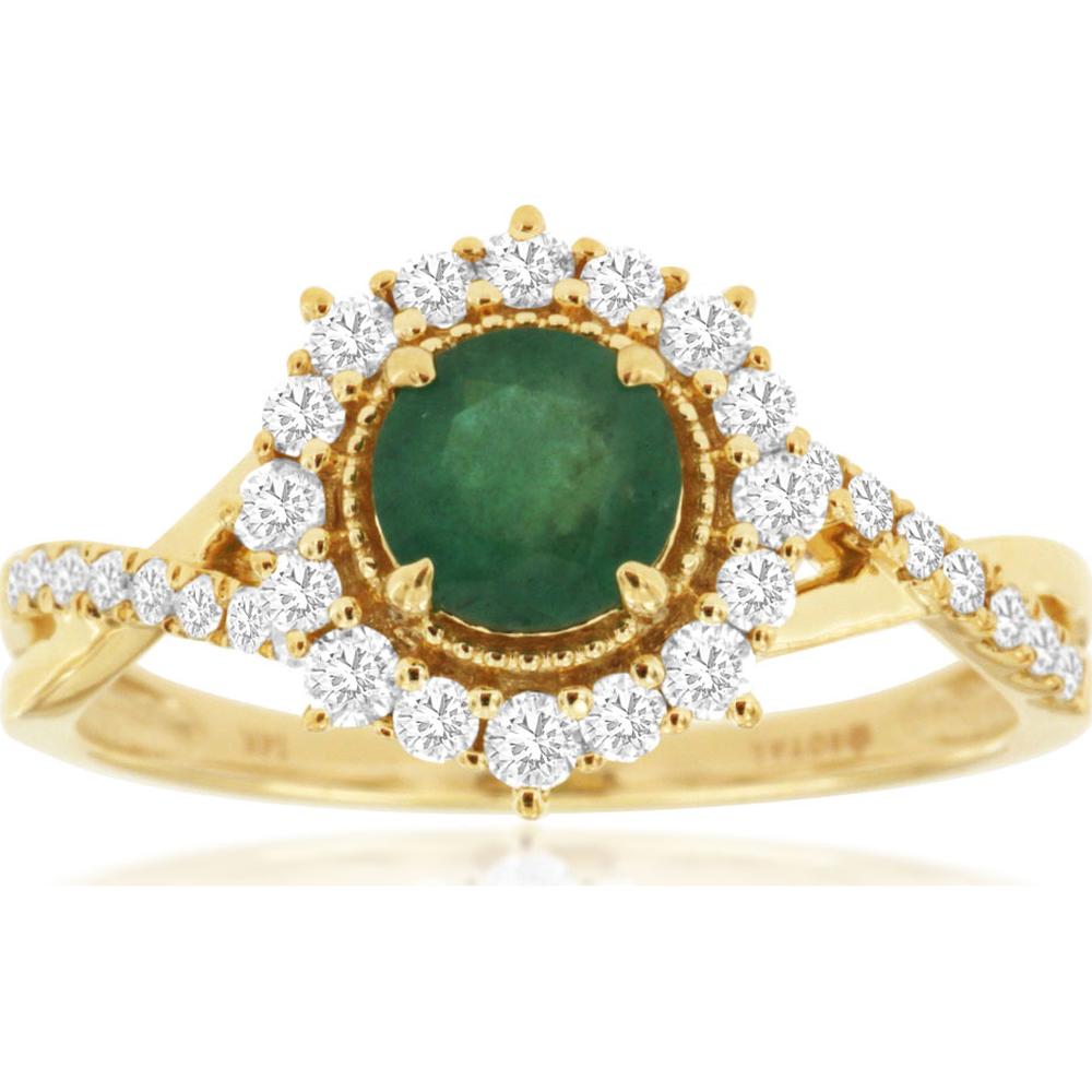 14K Yellow Gold Round Emerald & Diamond Halo Ring with Twisted Infinity Band – 0.59 Carat Emerald, 0.45 Carat Diamond Total Weight - Royal Jewelry