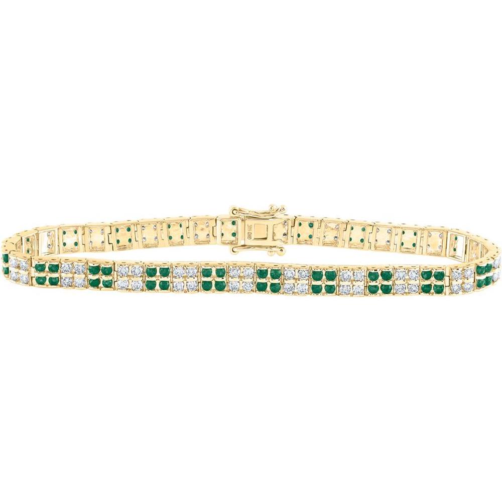 14K Yellow Gold Round Emerald and Diamond Tennis Bracelet - 4-1/4 Carat Total Gemstone Weight
