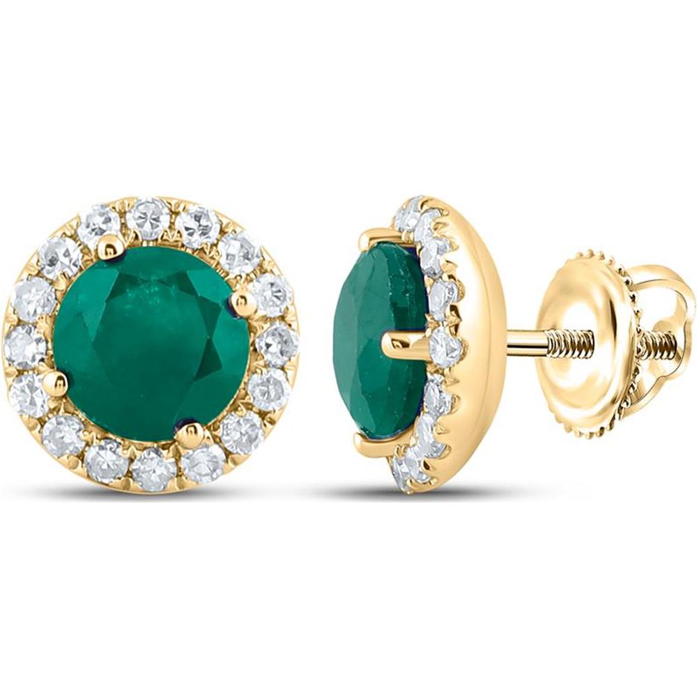 14K Yellow Gold Round Emerald Diamond Halo Earrings - 1.2 Carat Total Weight