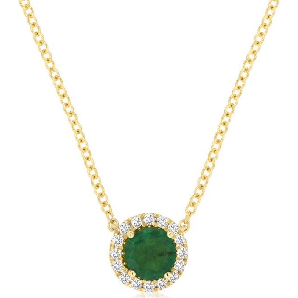 14K Yellow Gold Round Emerald Halo Necklace with Round Diamonds - 0.45 Carat Emerald and 0.10 Carat Total Diamond Weight - Royal Jewelry