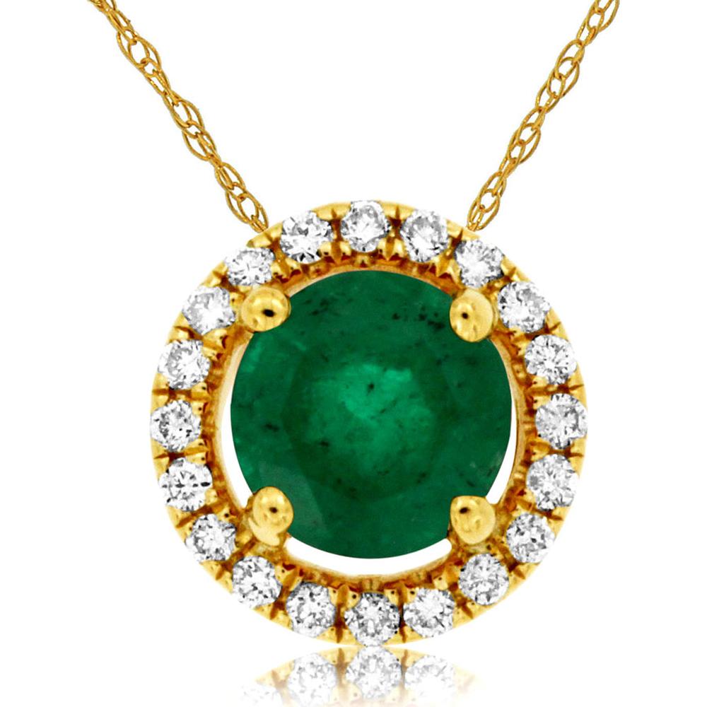 14K Yellow Gold Round Emerald Halo Pendant with Round Diamonds - 0.45 Carat Emerald and 0.08 Carat Total Diamond Weight - Royal Jewelry