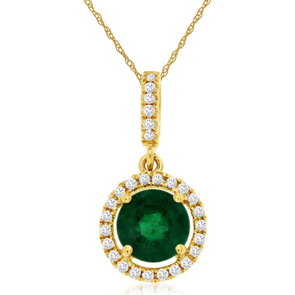 14K Yellow Gold Round Emerald Pendant with Diamond Halo - 0.75 Carat Emerald and 0.11 Carat Total Diamond Weight - Royal Jewelry
