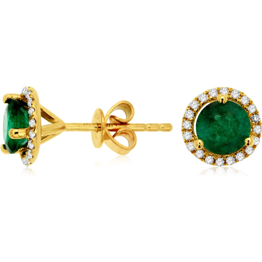 14K Yellow Gold Round Emerald Stud Earrings with Diamond Halo - 1.20 Carat Total Emerald Weight and 0.16 Carat Total Diamond Weight - Royal Jewelry