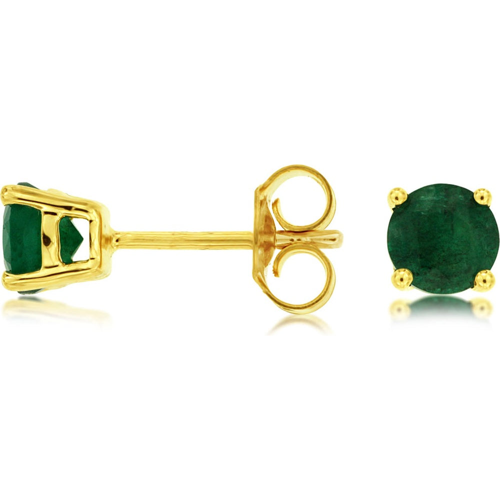 14K Yellow Gold Round Emerald Stud Earrings with Four-Prong Setting - 0.90 Carat Total Gem Weight - Royal Jewelry