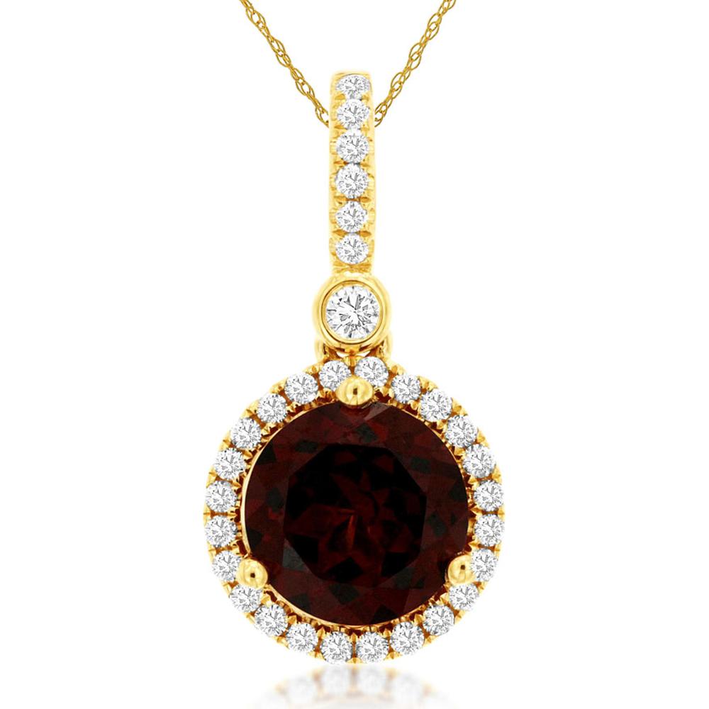 14K Yellow Gold Round Garnet Pendant with Diamond Halo & Diamond-Encrusted Bail - 1.50 Carat Garnet & 0.18 Carat Total Diamond Weight - Royal Jewelry