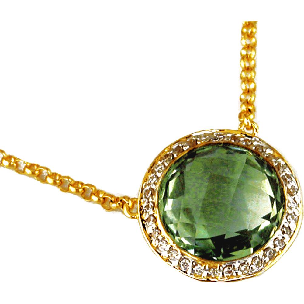 14K Yellow Gold Round Green Amethyst Halo Pendant with 0.08 Carat Diamond Border - 4.00 Carat Total Gem Weight - Royal Jewelry