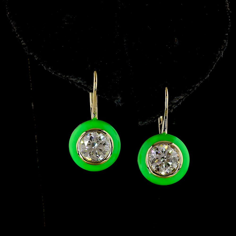 14K Yellow Gold Round Hanging Earrings with Bezel-Set Lab Diamonds and Green Enamel Halo - 2.04 Carats Total Diamond Weight - Covaloro Fine Jewelry
