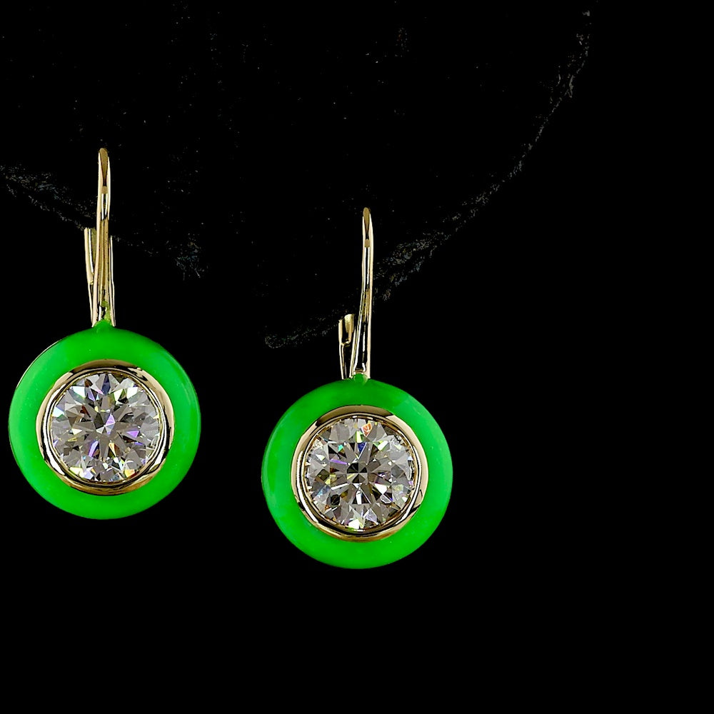 14K Yellow Gold Round Hanging Earrings with Bezel-Set Lab Diamonds and Green Enamel Halo - 2.04 Carats Total Diamond Weight - Covaloro Fine Jewelry