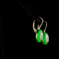 14K Yellow Gold Round Hanging Earrings with Bezel-Set Lab Diamonds and Green Enamel Halo - 2.04 Carats Total Diamond Weight - Covaloro Fine Jewelry