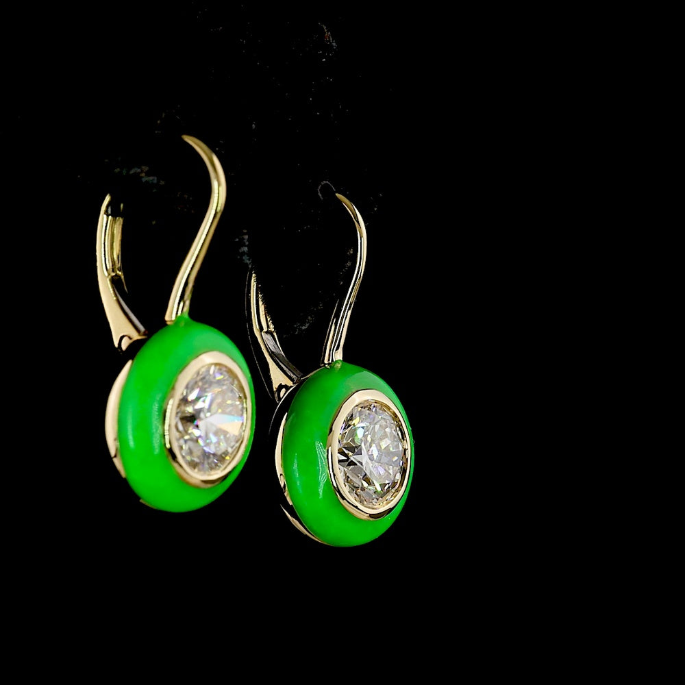 14K Yellow Gold Round Hanging Earrings with Bezel-Set Lab Diamonds and Green Enamel Halo - 2.04 Carats Total Diamond Weight - Covaloro Fine Jewelry
