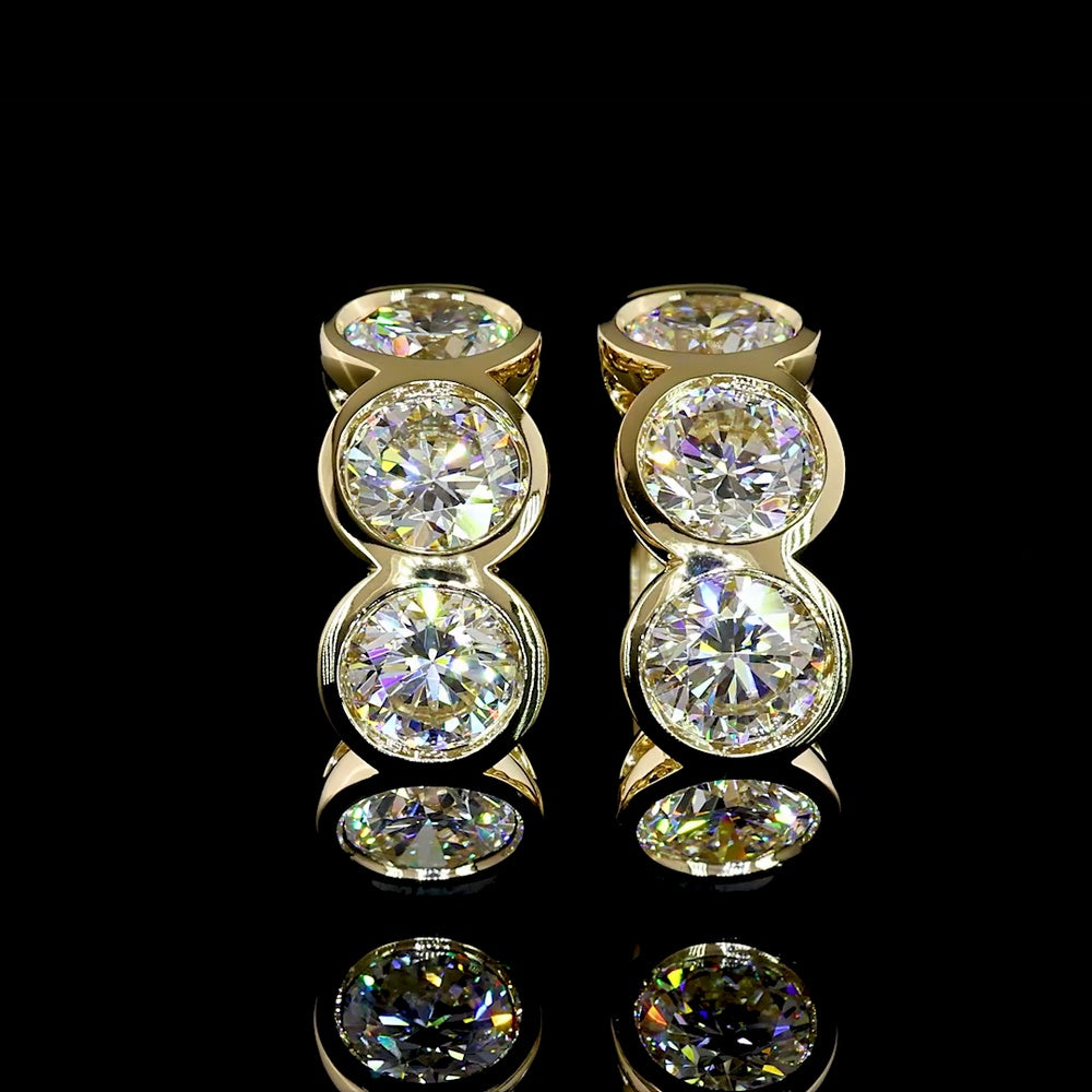 14K Yellow Gold Round Huggie Earrings with Bezel-Set Brilliant Cut Natural Diamonds - 3.43 Carat Total Diamond Weight, E-F Color & VS+ Clarity - Covaloro Fine Jewelry