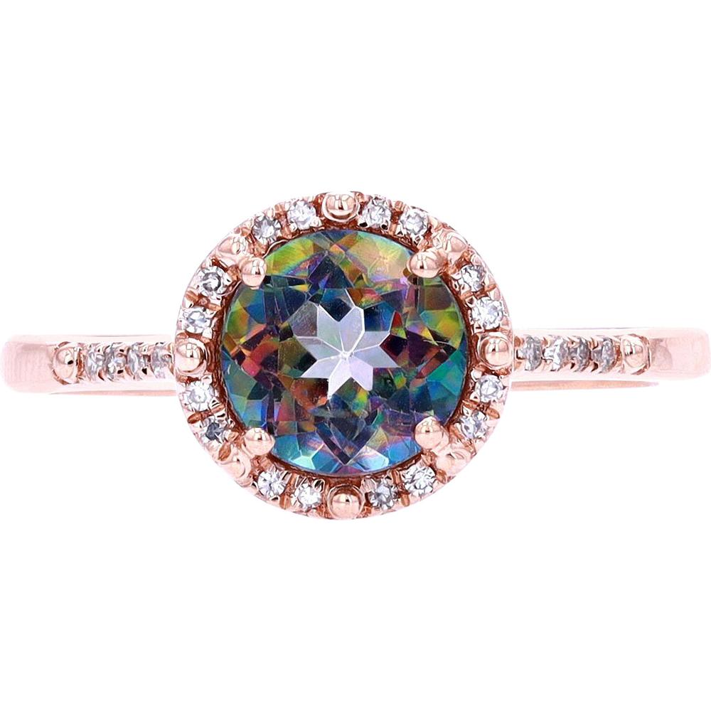 14K Yellow Gold Round Mystic Gemstone Halo Ring with Prong-Set Diamonds - 0.09 Carats Total Diamond Weight