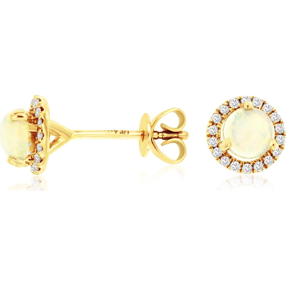 14K Yellow Gold Round Opal Stud Earrings with Diamond Halo - 0.44 Carat Total Opal Weight and 0.14 Carat Total Diamond Weight - Royal Jewelry