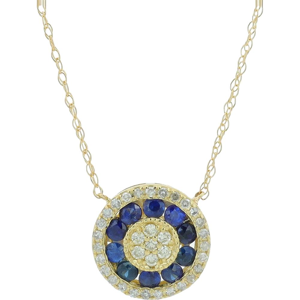 14K Yellow Gold Round Pendant Necklace with 0.25 Carat Sapphires and 0.13 Carat Diamond Halo