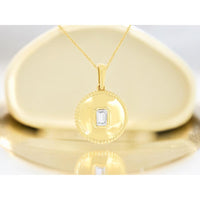 14K Yellow Gold Round Pendant Necklace with Bezel-Set Emerald Cut Diamond - 0.24 Carat Total Diamond Weight - Royal Jewelry