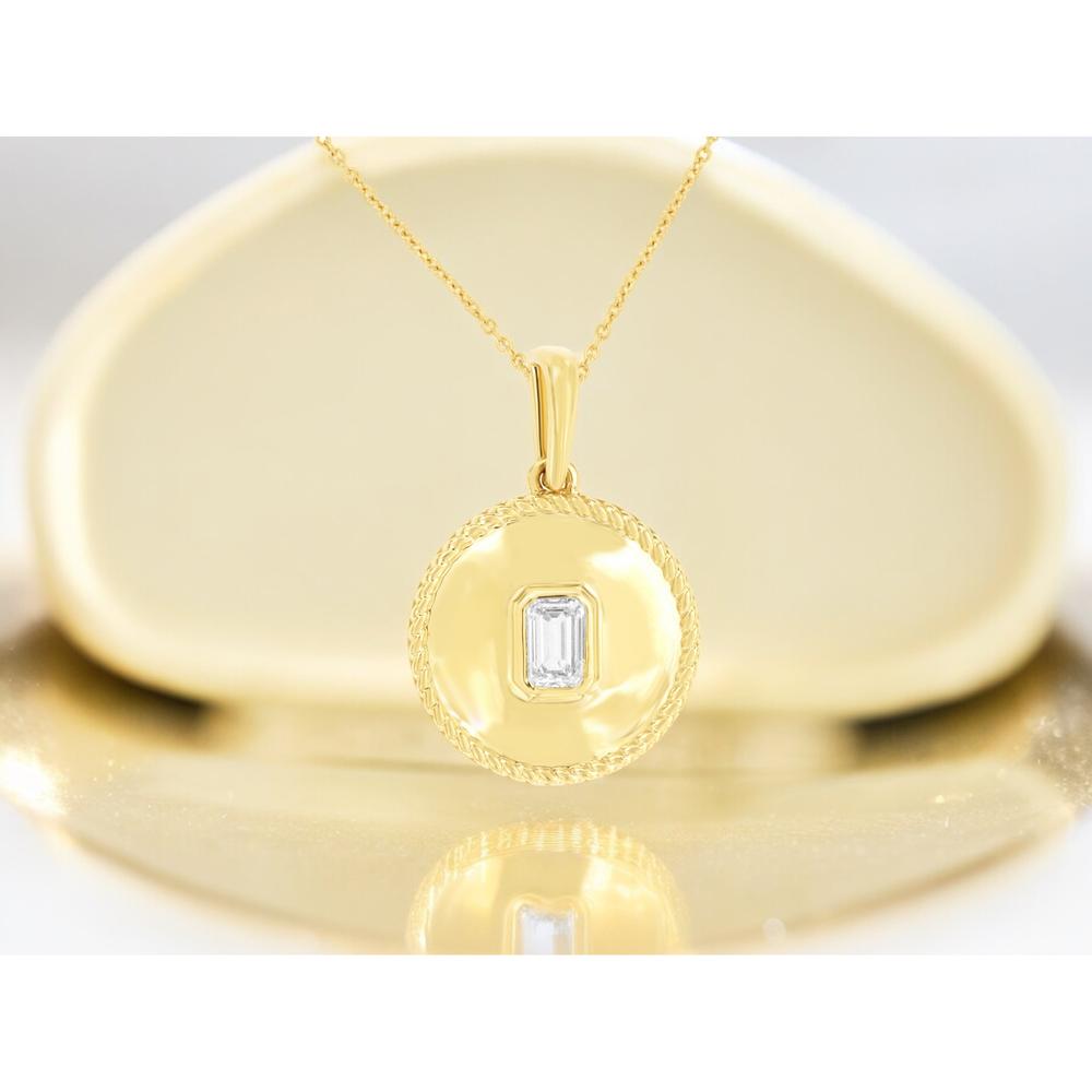 14K Yellow Gold Round Pendant Necklace with Bezel-Set Emerald Cut Diamond - 0.24 Carat Total Diamond Weight - Royal Jewelry