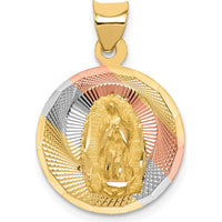 14K Yellow Gold Round Pendant with Rose and White Rhodium Diamond-Cut Solid Our Lady of Guadalupe Charm by Oro Pregiato