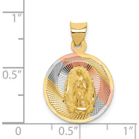 14K Yellow Gold Round Pendant with Rose and White Rhodium Diamond-Cut Solid Our Lady of Guadalupe Charm by Oro Pregiato